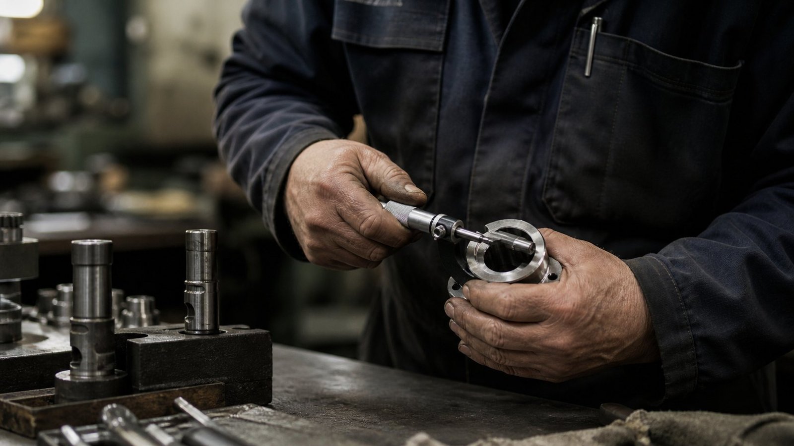 Representative precision machinist measuring a metal component