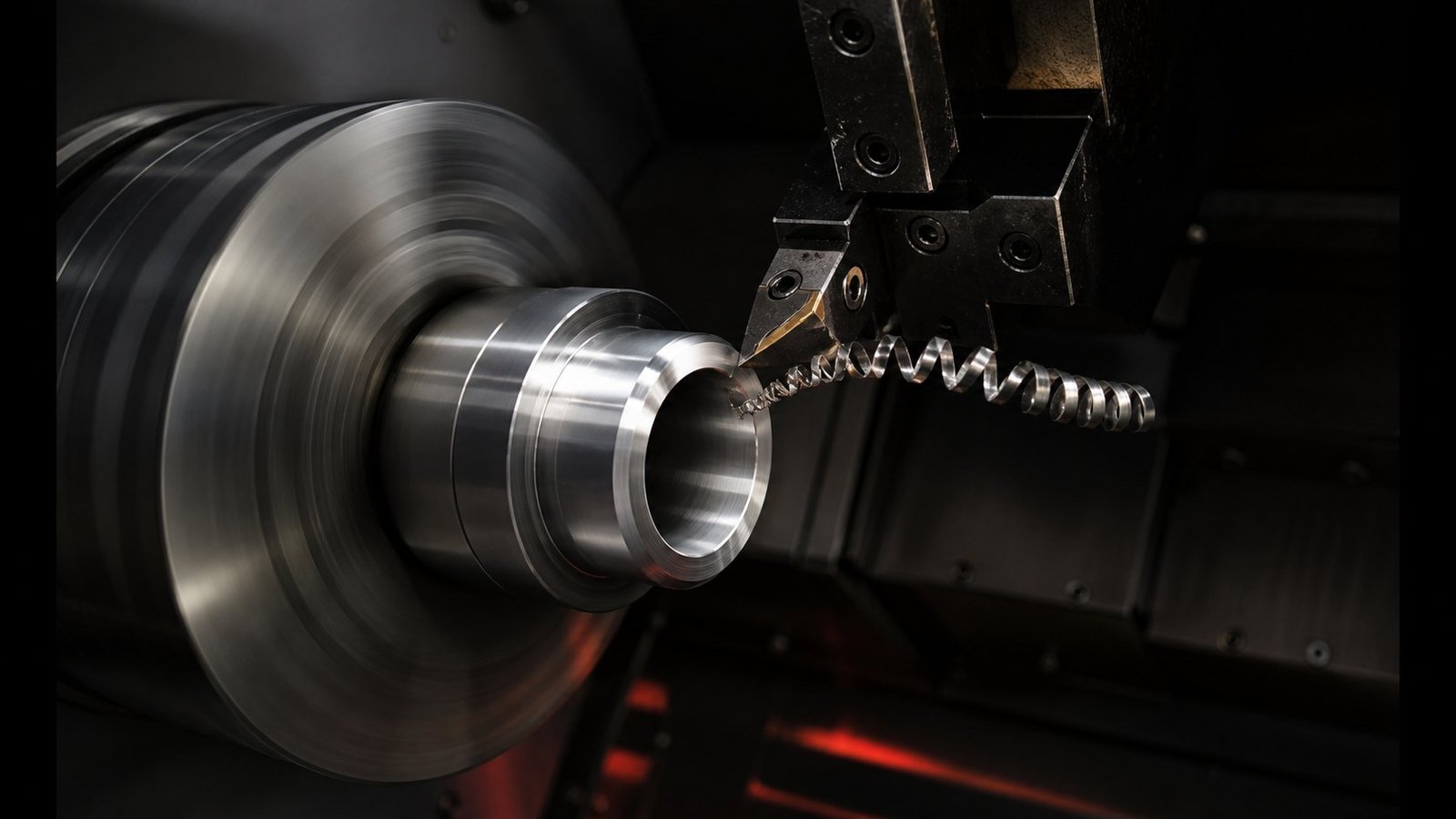 Representative CNC turning operation machining a cylindrical steel component